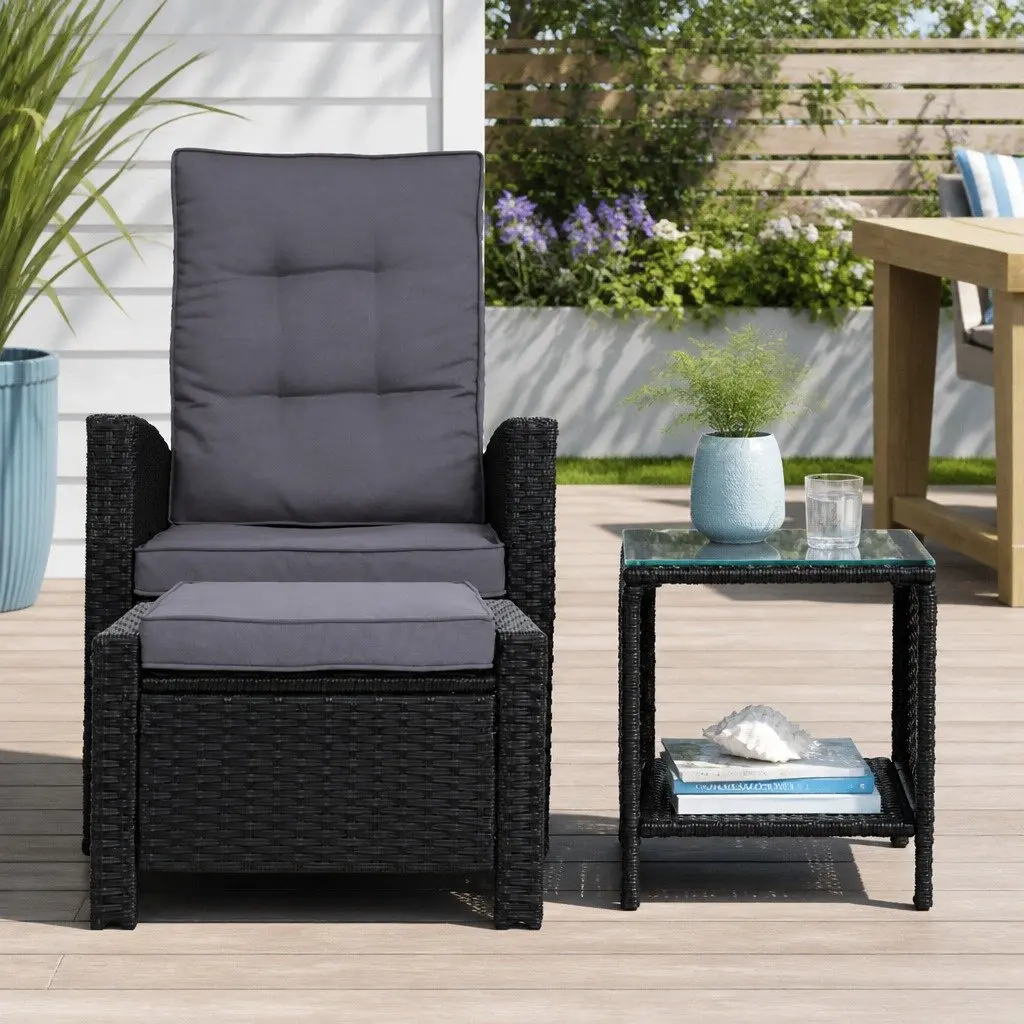 3 Piece Outdoor Wicker Recliner Set with Ottoman and Side Table Black Adjustable
