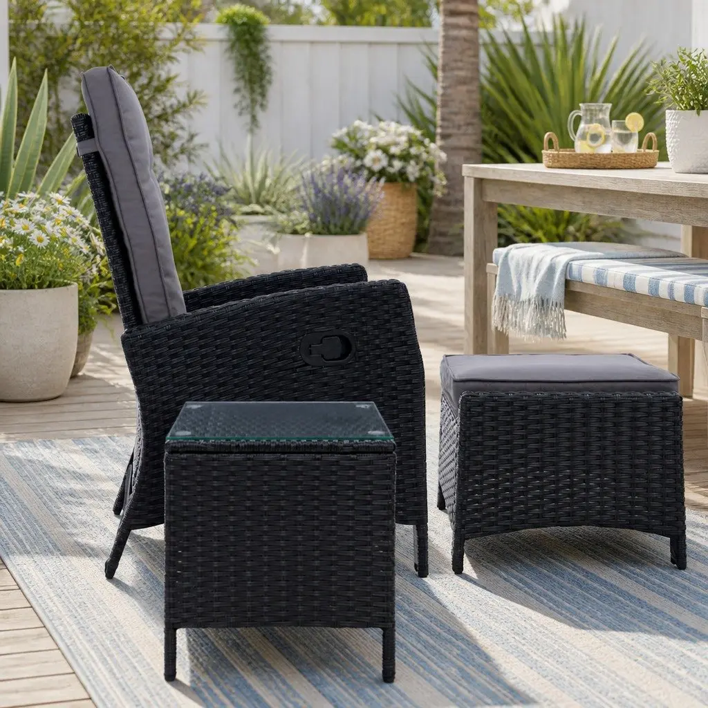 3 Piece Outdoor Wicker Recliner Set with Ottoman and Side Table Black Adjustable