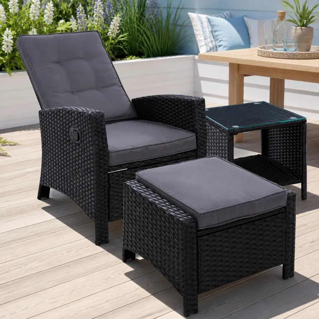 3 Piece Outdoor Wicker Recliner Set with Ottoman and Side Table Black Adjustable