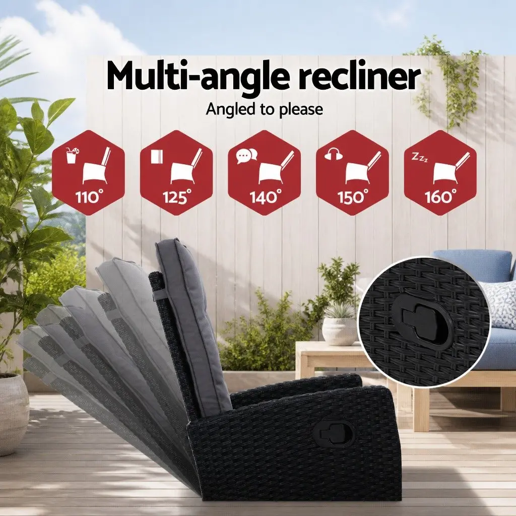3 Piece Outdoor Wicker Recliner Set with Ottoman and Side Table Black Adjustable