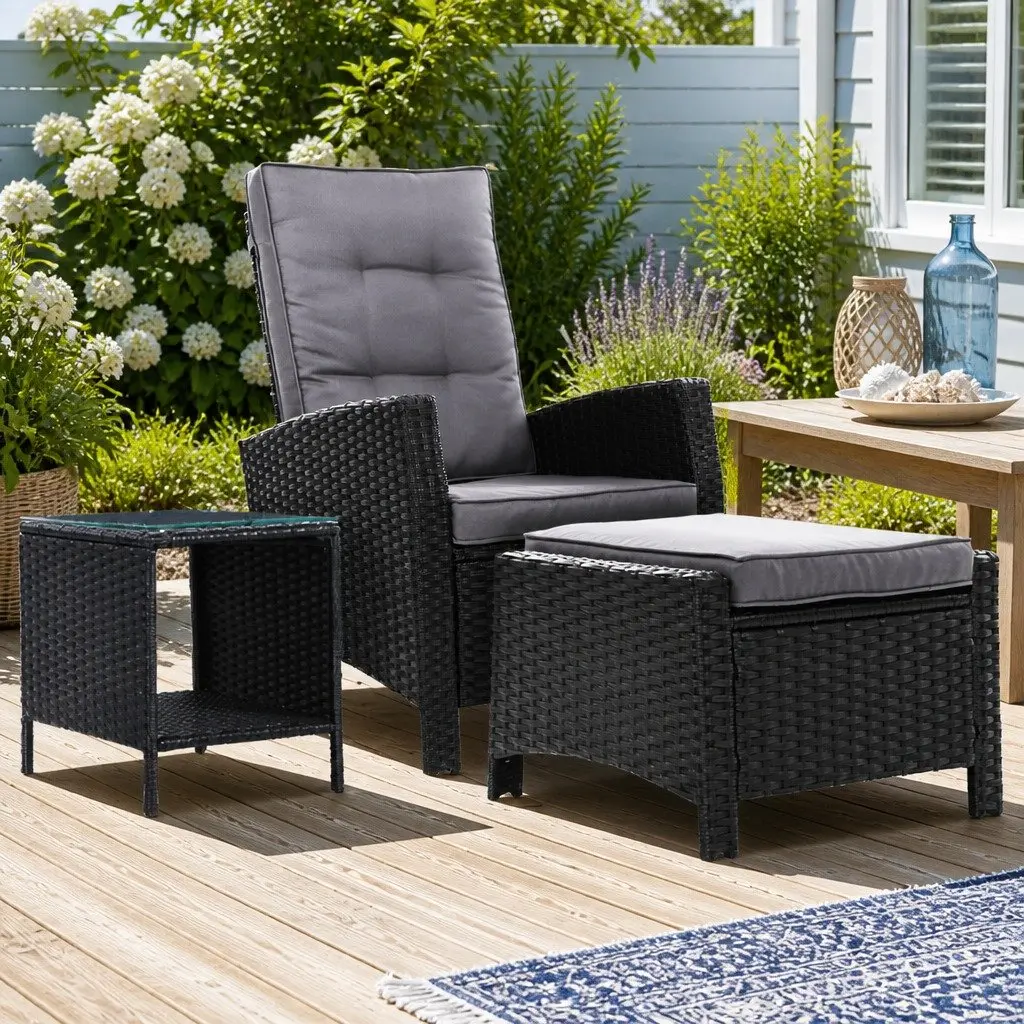 3 Piece Outdoor Wicker Recliner Set with Ottoman and Side Table Black Adjustable