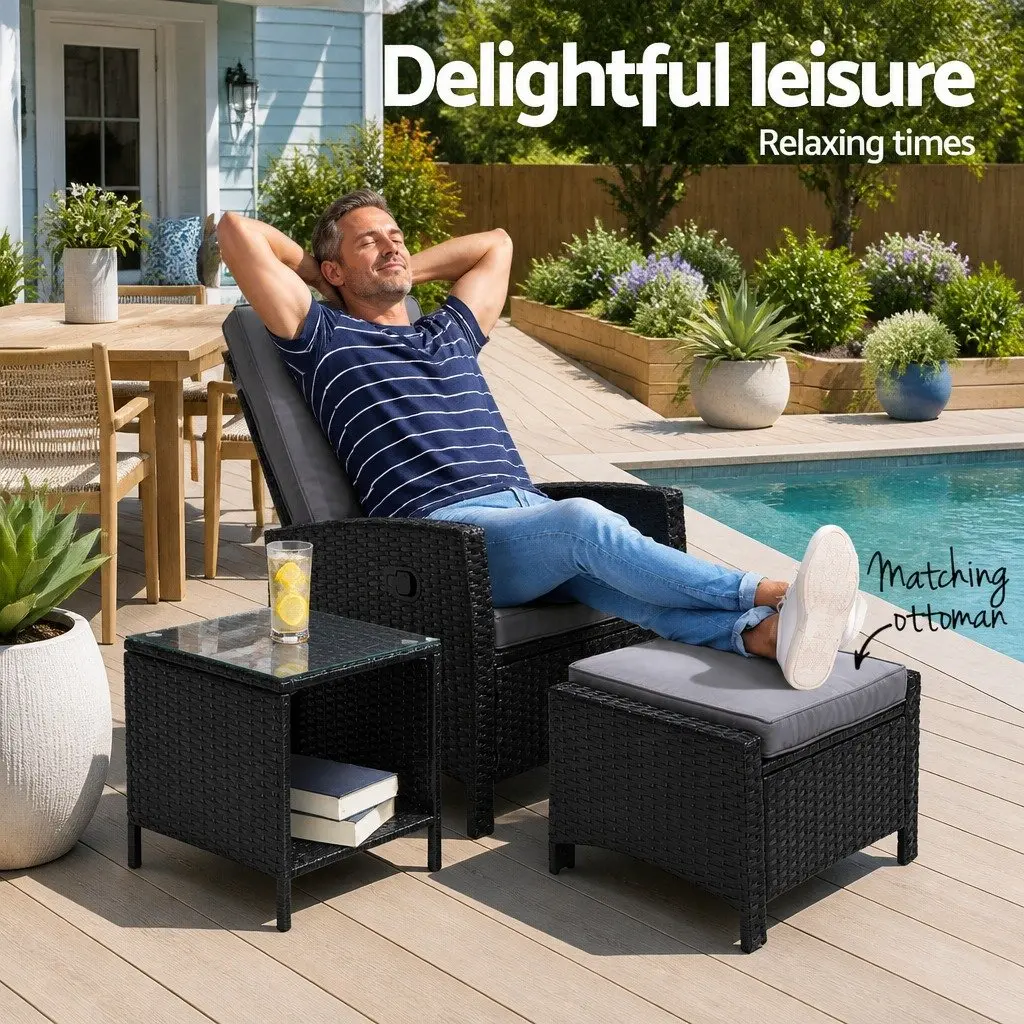3 Piece Outdoor Wicker Recliner Set with Ottoman and Side Table Black Adjustable