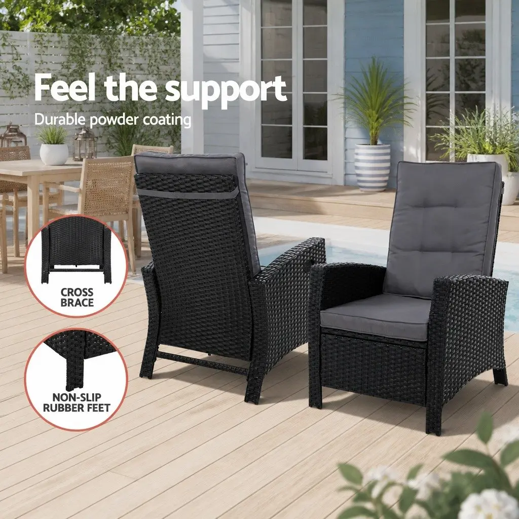 3 Piece Outdoor Wicker Recliner Set with Ottoman and Side Table Black Adjustable
