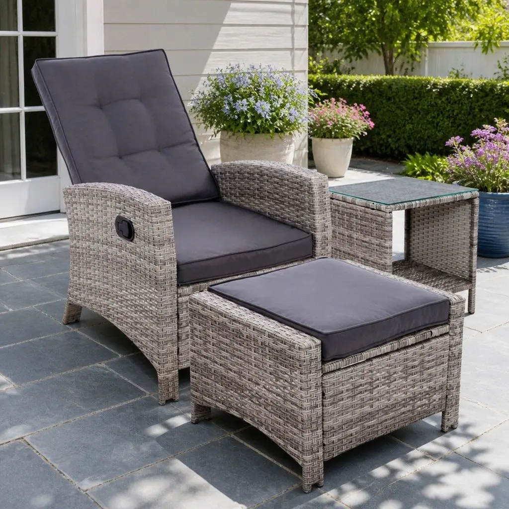 3PC Outdoor Recliner Chair Set for Patio Grey Wicker Adjustable Lounge with Ottoman and Side Table