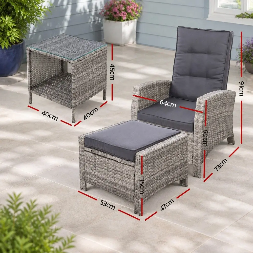 3PC Outdoor Recliner Chair Set for Patio Grey Wicker Adjustable Lounge with Ottoman and Side Table