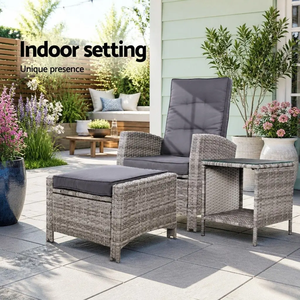 3PC Outdoor Recliner Chair Set for Patio Grey Wicker Adjustable Lounge with Ottoman and Side Table