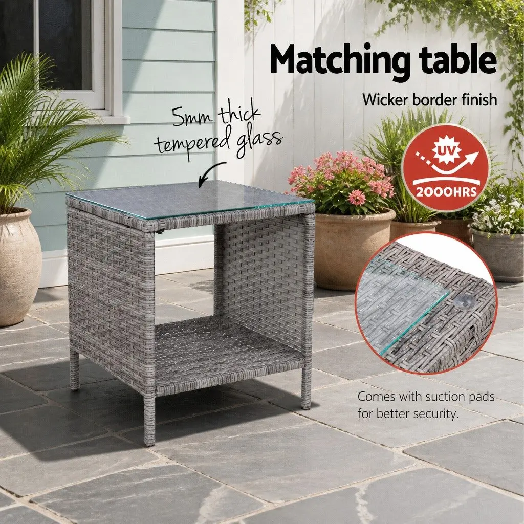 3PC Outdoor Recliner Chair Set for Patio Grey Wicker Adjustable Lounge with Ottoman and Side Table