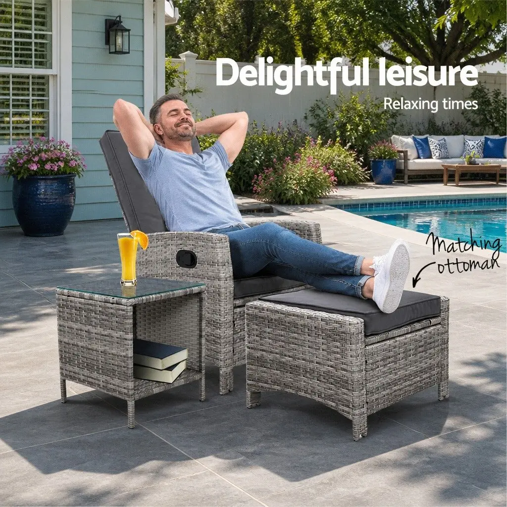 3PC Outdoor Recliner Chair Set for Patio Grey Wicker Adjustable Lounge with Ottoman and Side Table