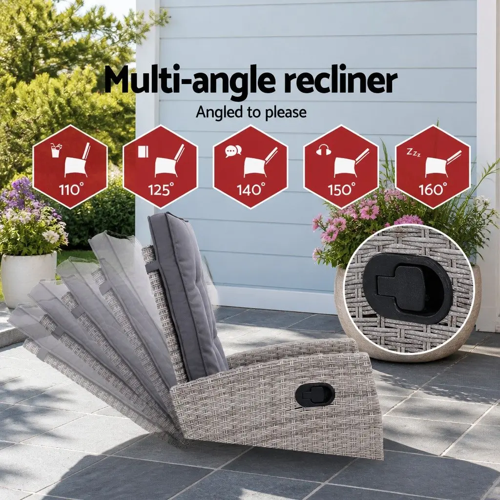 3PC Outdoor Recliner Chair Set for Patio Grey Wicker Adjustable Lounge with Ottoman and Side Table