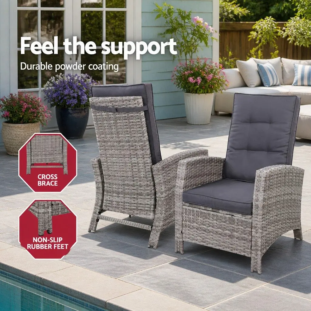 3PC Outdoor Recliner Chair Set for Patio Grey Wicker Adjustable Lounge with Ottoman and Side Table