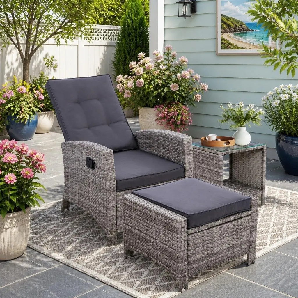 3PC Outdoor Recliner Chair Set for Patio Grey Wicker Adjustable Lounge with Ottoman and Side Table