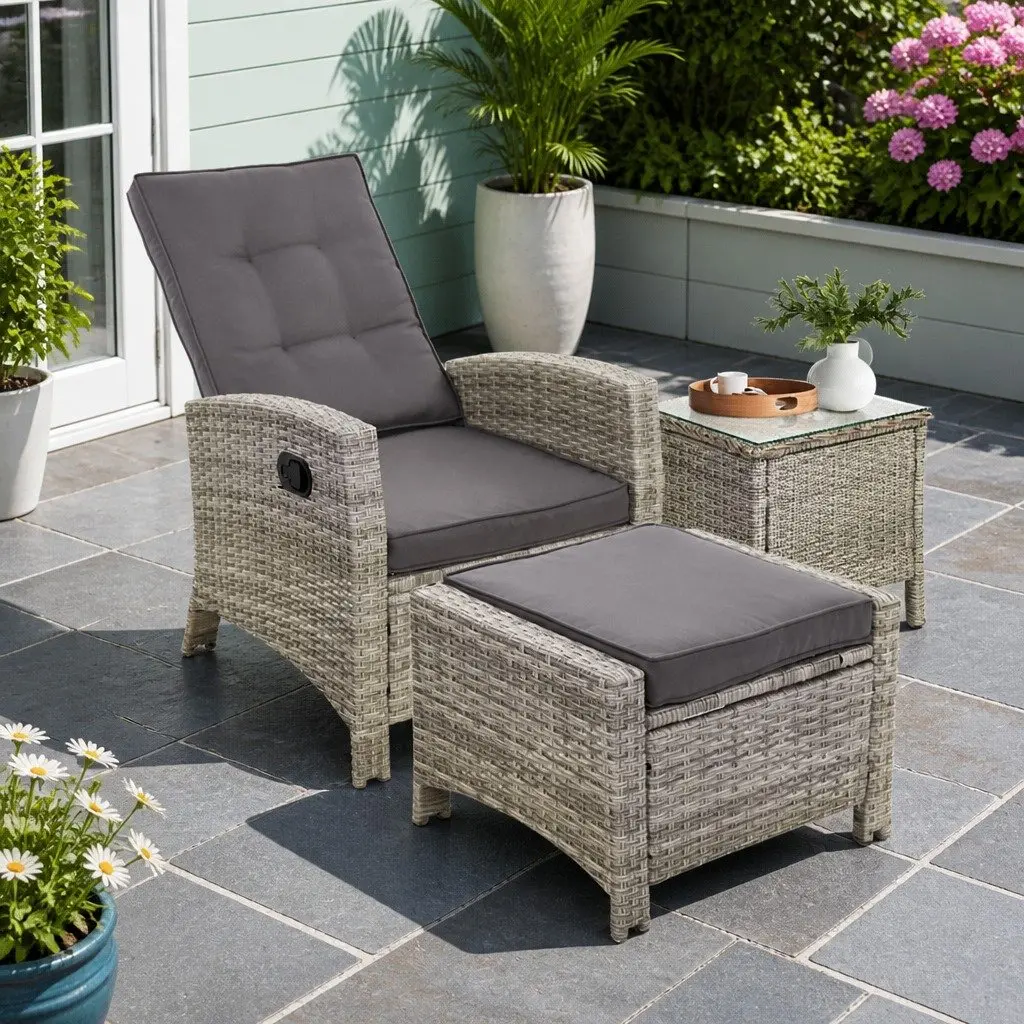 3PC Outdoor Recliner Chair Set for Patio Grey Wicker Adjustable Lounge with Ottoman and Side Table