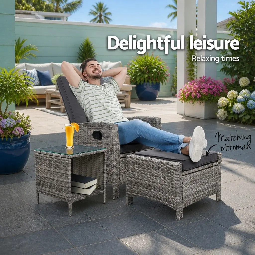3PC Outdoor Recliner Chair Set for Patio Grey Wicker Adjustable Lounge with Ottoman and Side Table