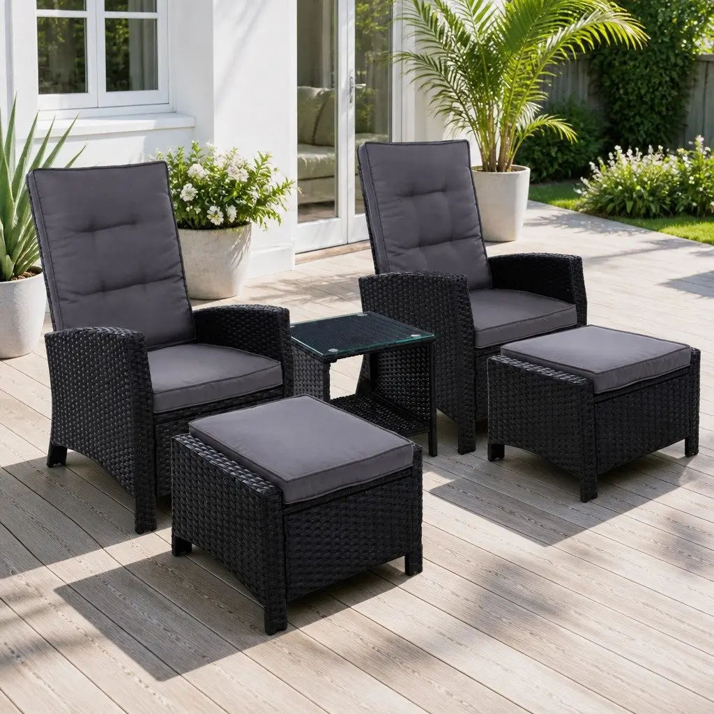 5PC Outdoor Recliner Chair Setting Wicker Lounge Furniture Ottoman Table Black