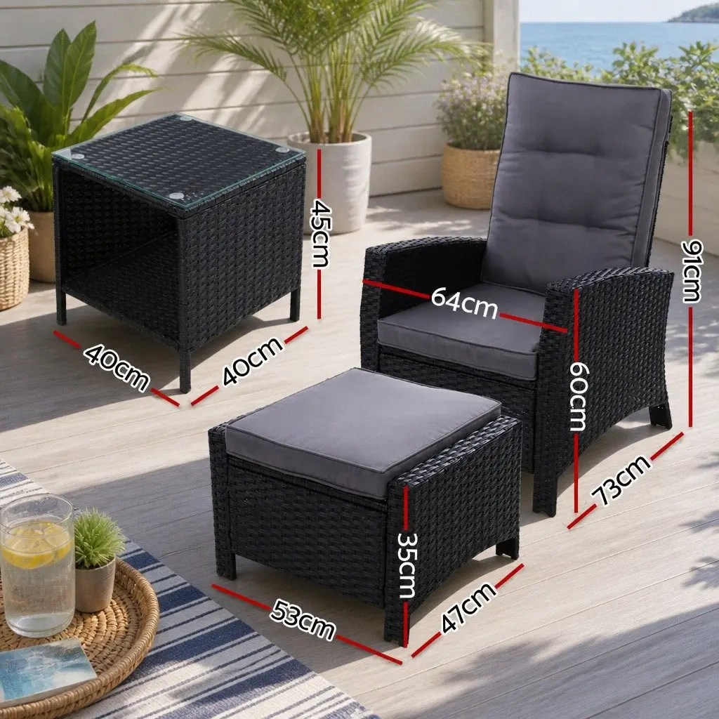 5PC Outdoor Recliner Chair Setting Wicker Lounge Furniture Ottoman Table Black