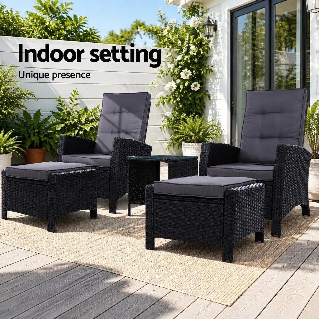 5PC Outdoor Recliner Chair Setting Wicker Lounge Furniture Ottoman Table Black