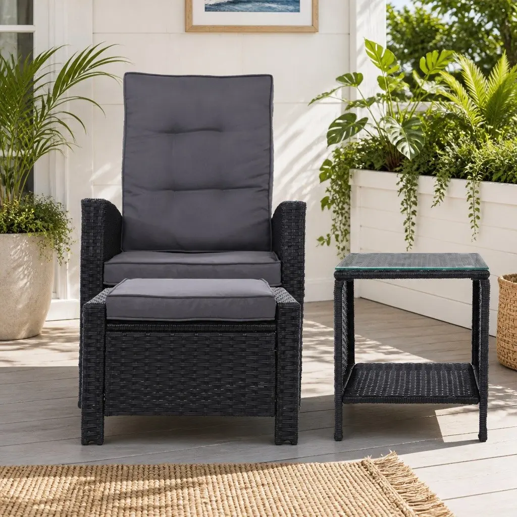 5PC Outdoor Recliner Chair Setting Wicker Lounge Furniture Ottoman Table Black
