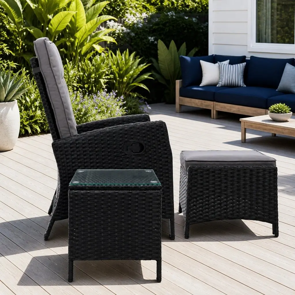5PC Outdoor Recliner Chair Setting Wicker Lounge Furniture Ottoman Table Black
