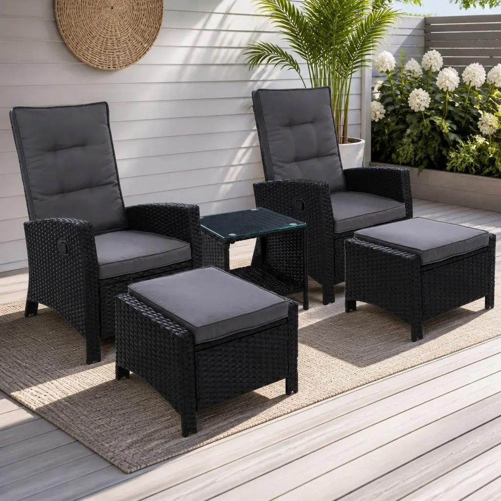 5PC Outdoor Recliner Chair Setting Wicker Lounge Furniture Ottoman Table Black