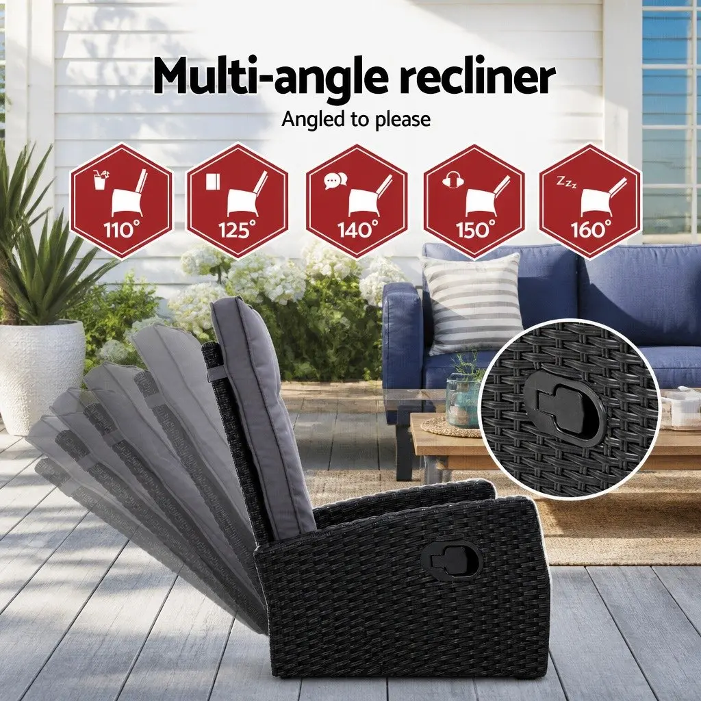 5PC Outdoor Recliner Chair Setting Wicker Lounge Furniture Ottoman Table Black