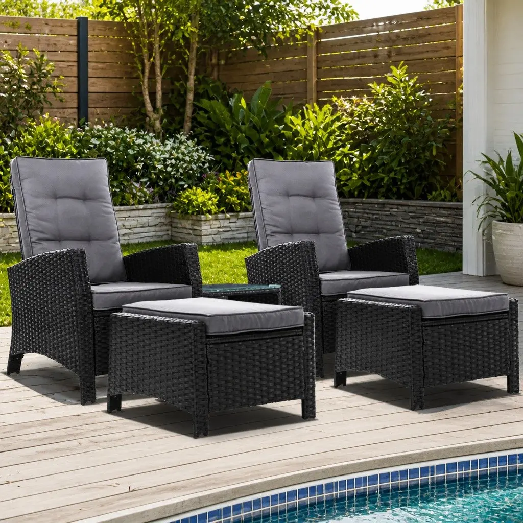5PC Outdoor Recliner Chair Setting Wicker Lounge Furniture Ottoman Table Black