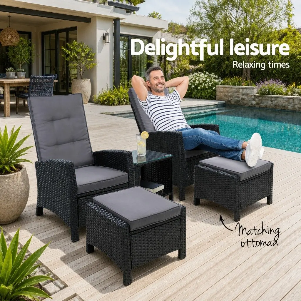 5PC Outdoor Recliner Chair Setting Wicker Lounge Furniture Ottoman Table Black