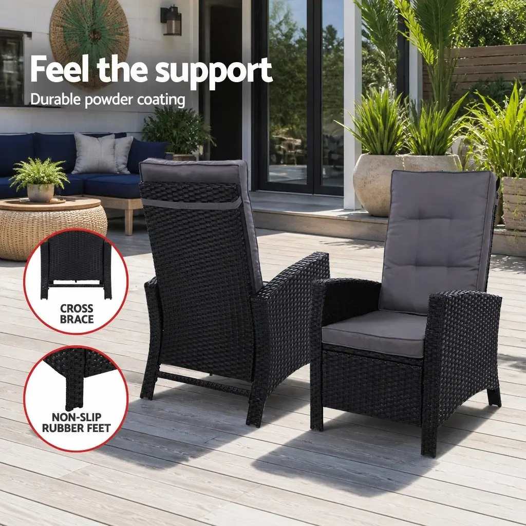5PC Outdoor Recliner Chair Setting Wicker Lounge Furniture Ottoman Table Black