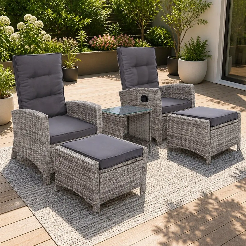 5 Piece Outdoor Recliner Chairs Ottoman Side Table Grey
