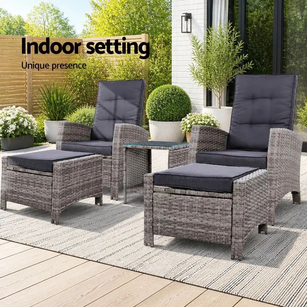 5 Piece Outdoor Recliner Chairs Ottoman Side Table Grey