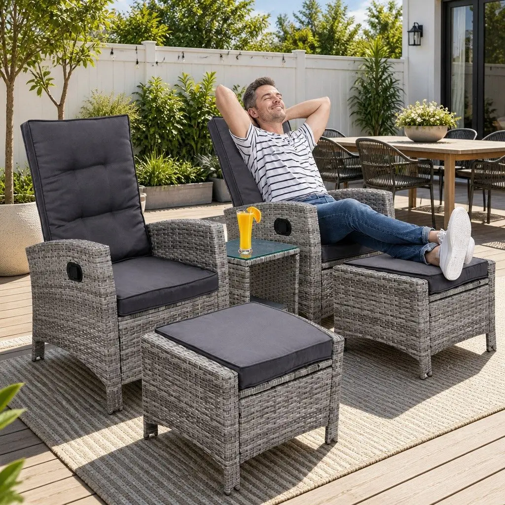 5 Piece Outdoor Recliner Chairs Ottoman Side Table Grey