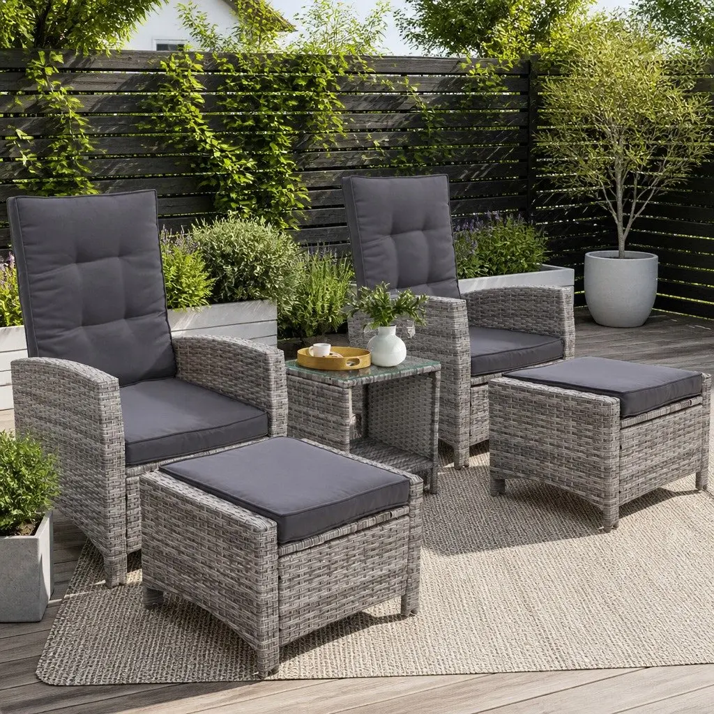 5 Piece Outdoor Recliner Chairs Ottoman Side Table Grey
