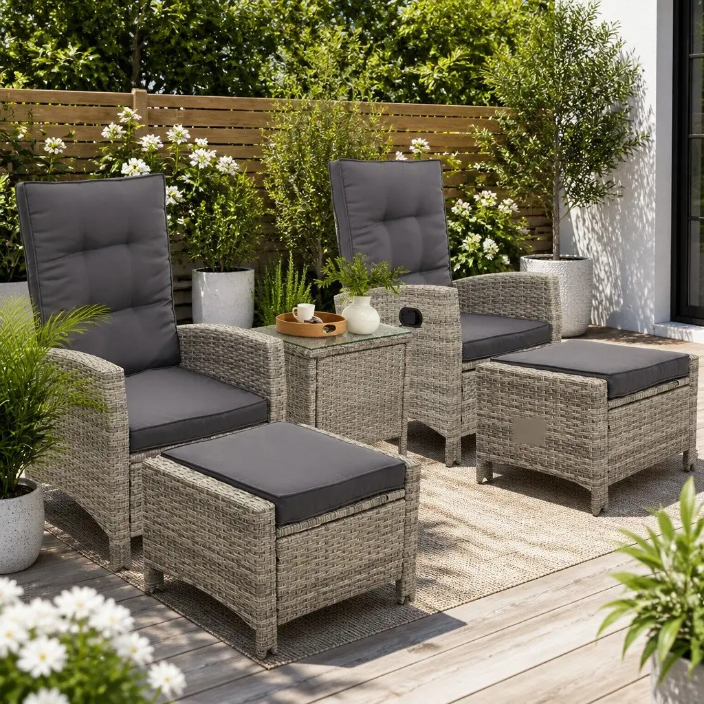 5 Piece Outdoor Recliner Chairs Ottoman Side Table Grey