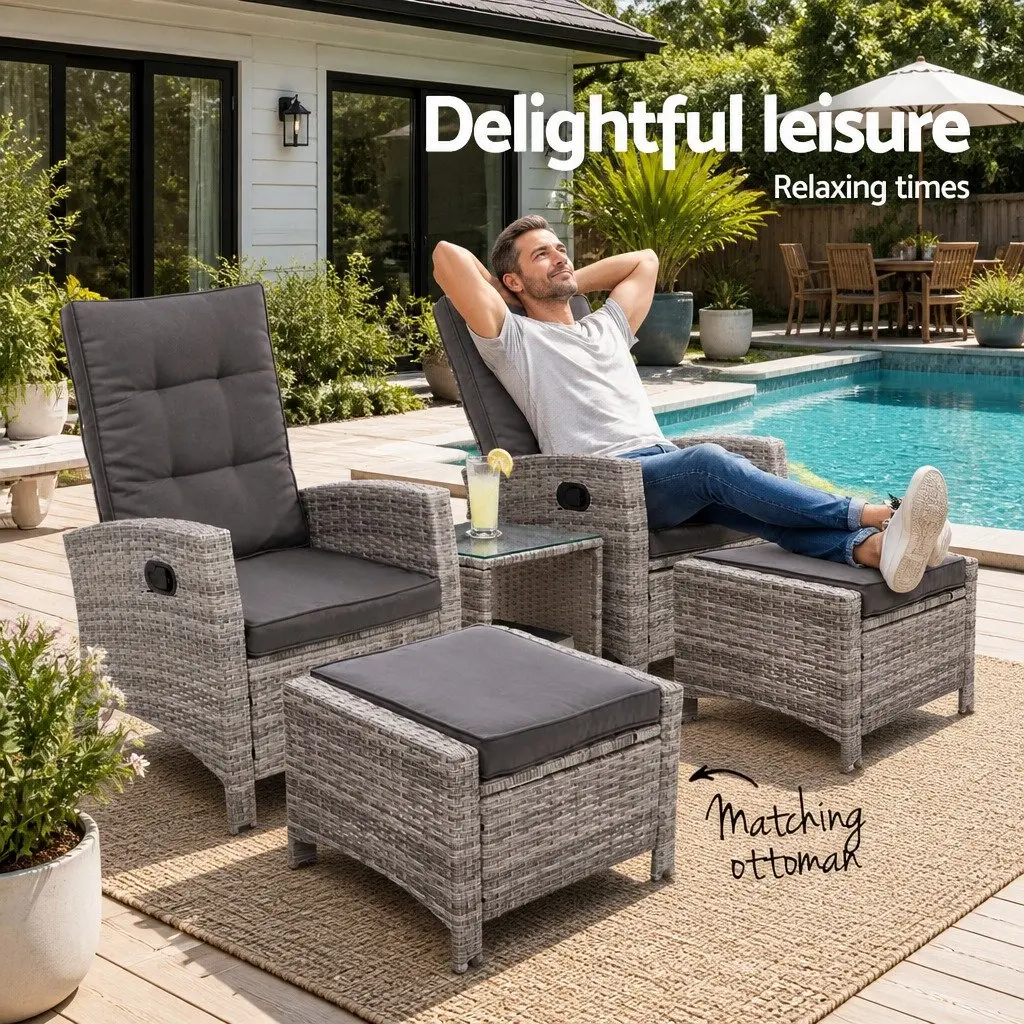 5 Piece Outdoor Recliner Chairs Ottoman Side Table Grey