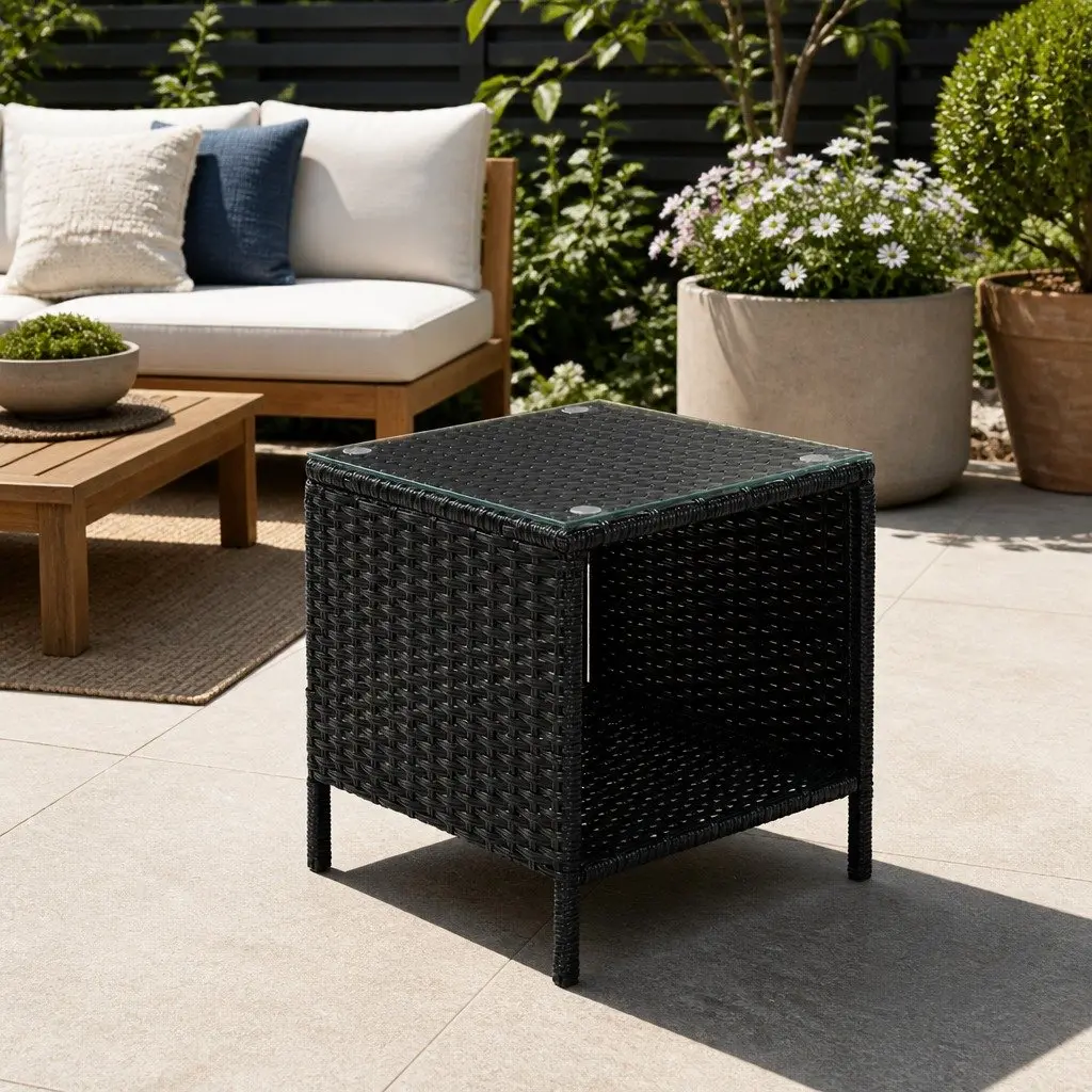 Wicker Side Table Coffee Indoor Outdoor 40cm W x 40cm D x 45cm H Black White