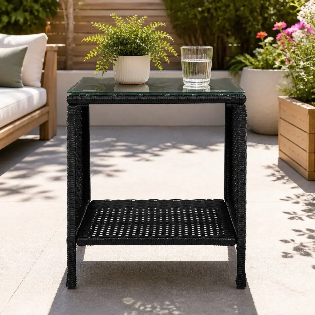 Wicker Side Table Coffee Indoor Outdoor 40cm W x 40cm D x 45cm H Black White