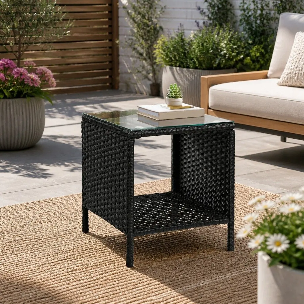 Wicker Side Table Coffee Indoor Outdoor 40cm W x 40cm D x 45cm H Black White