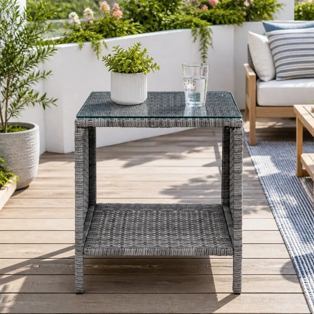 Wicker Side Table Coffee Desk for Indoor Outdoor Use 40cm x 40cm x 45cm