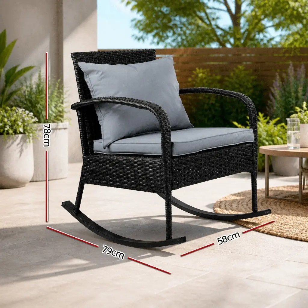 Outdoor Rocking Chair Wicker Lounge Seating with Cushions Pillows Black Patio