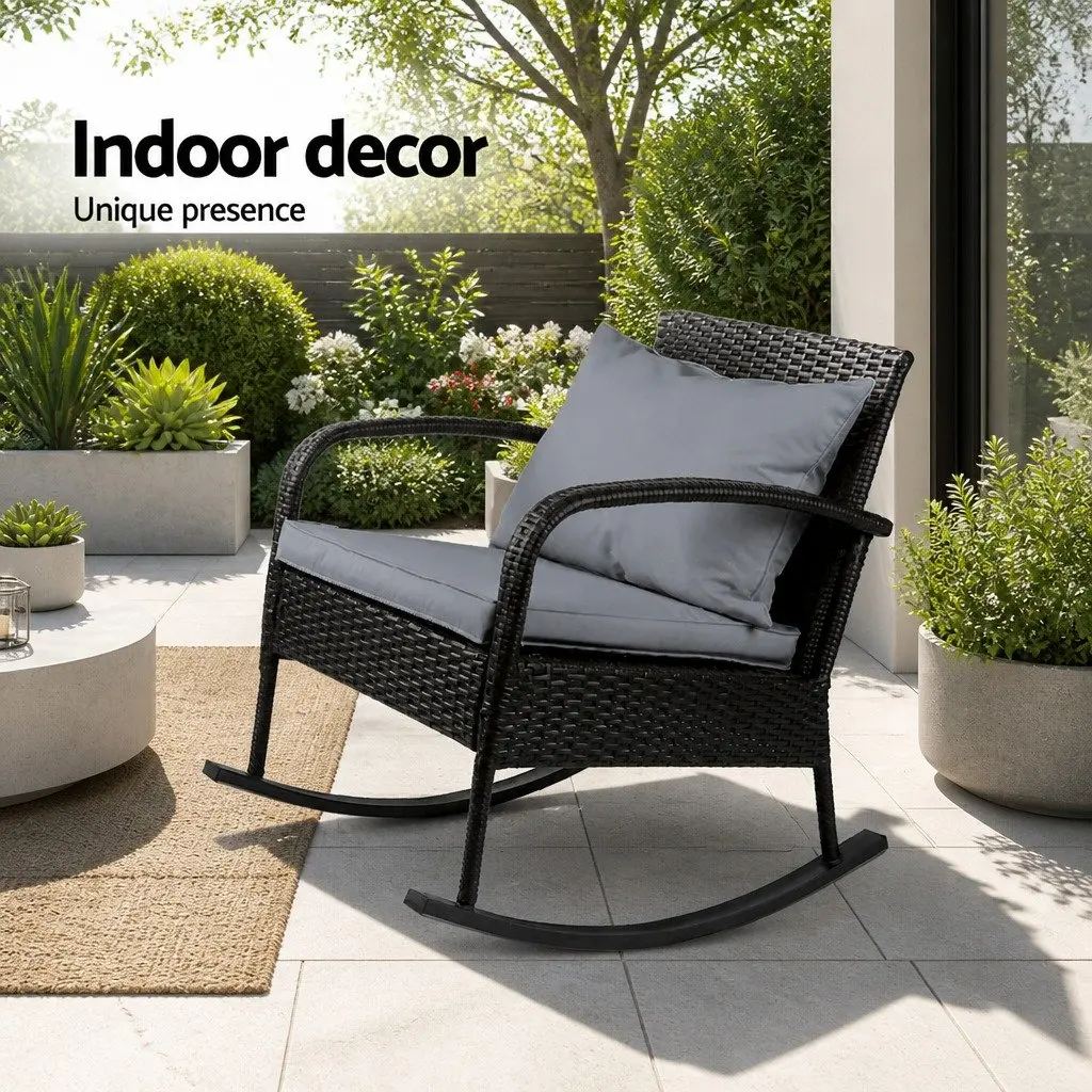 Outdoor Rocking Chair Wicker Lounge Seating with Cushions Pillows Black Patio