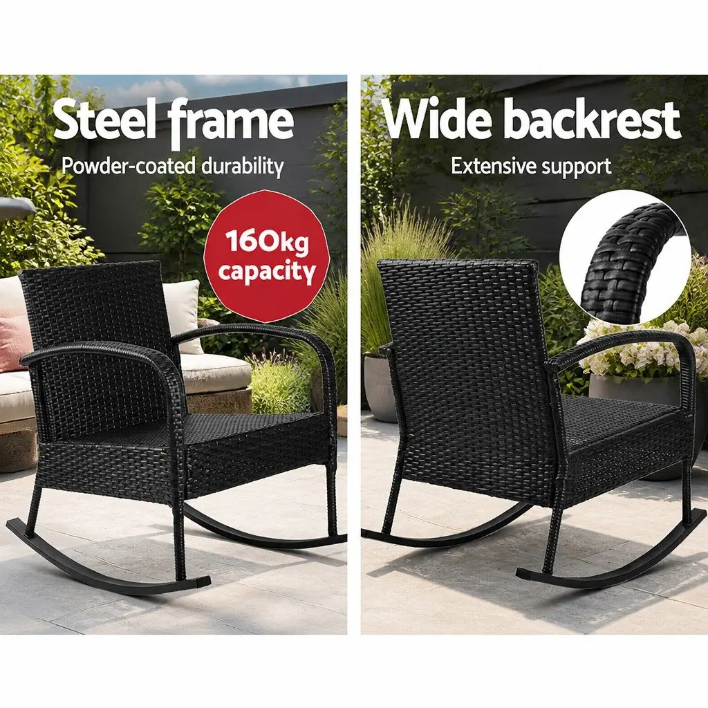 Outdoor Rocking Chair Wicker Lounge Seating with Cushions Pillows Black Patio