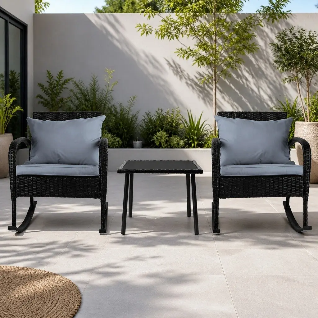 3-Piece Outdoor Rocking Chair Set for Patio Garden Size with Cushions and Side Table