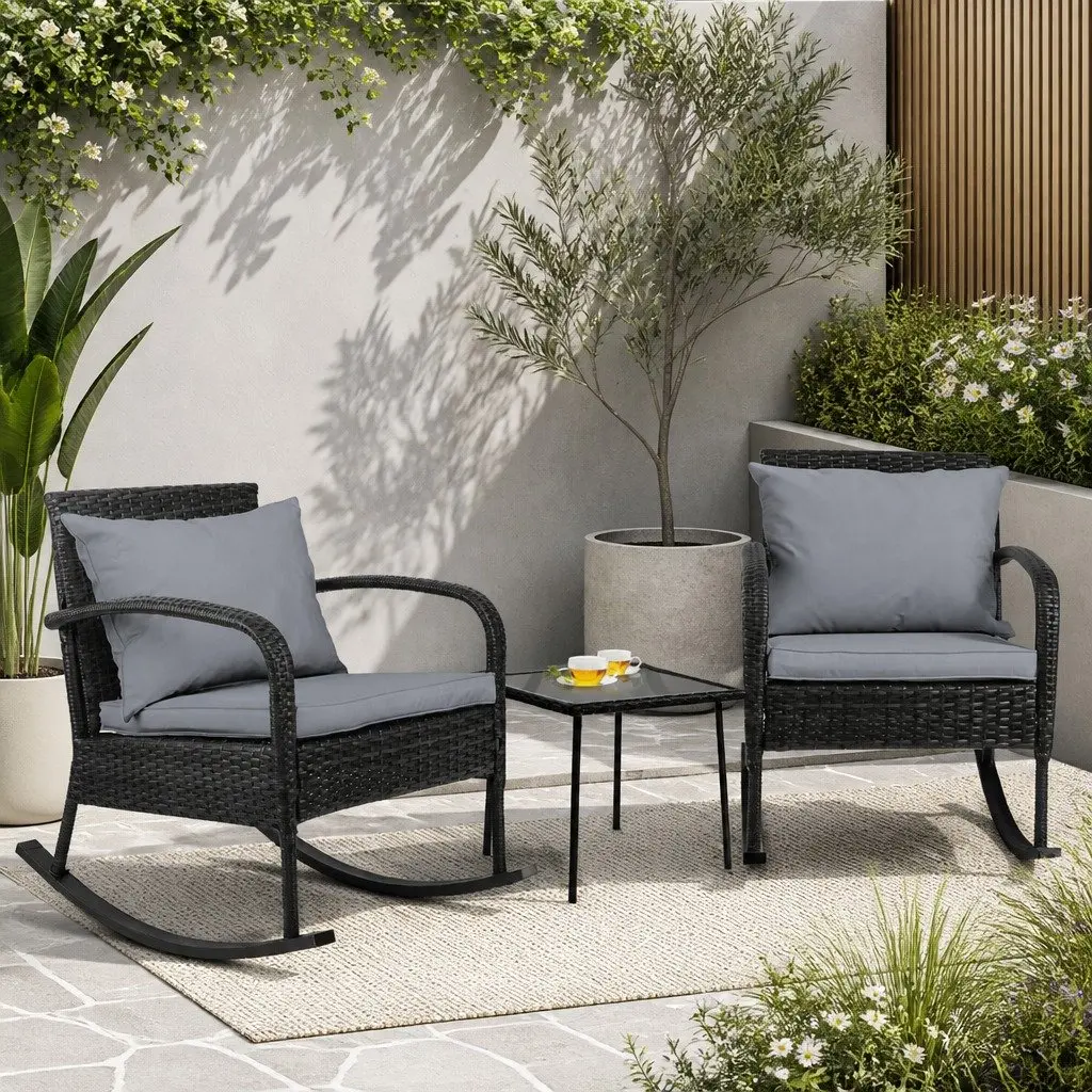 3-Piece Outdoor Rocking Chair Set for Patio Garden Size with Cushions and Side Table