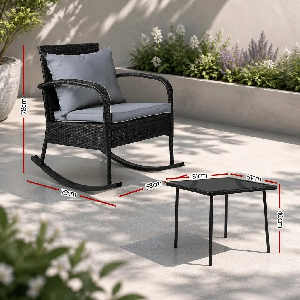 3-Piece Outdoor Rocking Chair Set for Patio Garden Size with Cushions and Side Table