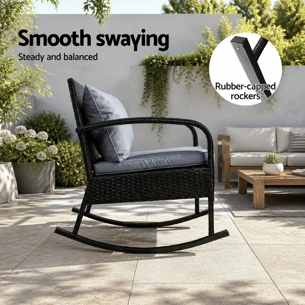 3-Piece Outdoor Rocking Chair Set for Patio Garden Size with Cushions and Side Table