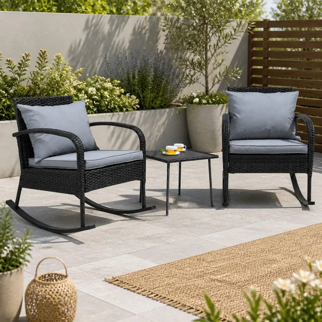 3-Piece Outdoor Rocking Chair Set for Patio Garden Size with Cushions and Side Table