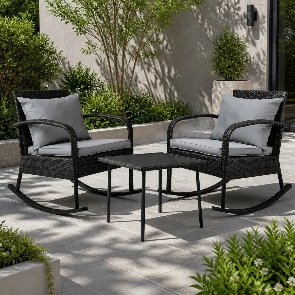 3-Piece Outdoor Rocking Chair Set for Patio Garden Size with Cushions and Side Table