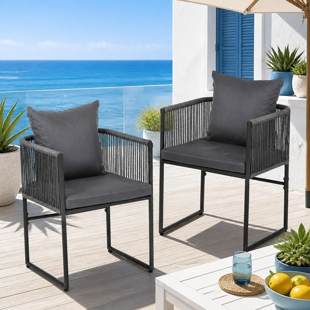 Outdoor Dining Chairs for Patio Garden 2 Piece Woven Rope Steel Frame Seating