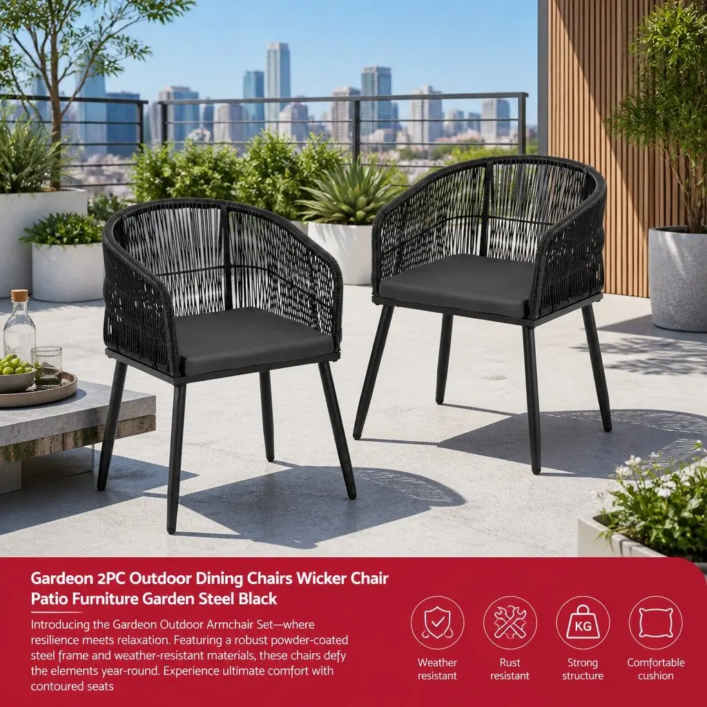 Outdoor Chairs for Patio Garden 2 Piece Black Steel Wicker Armchair