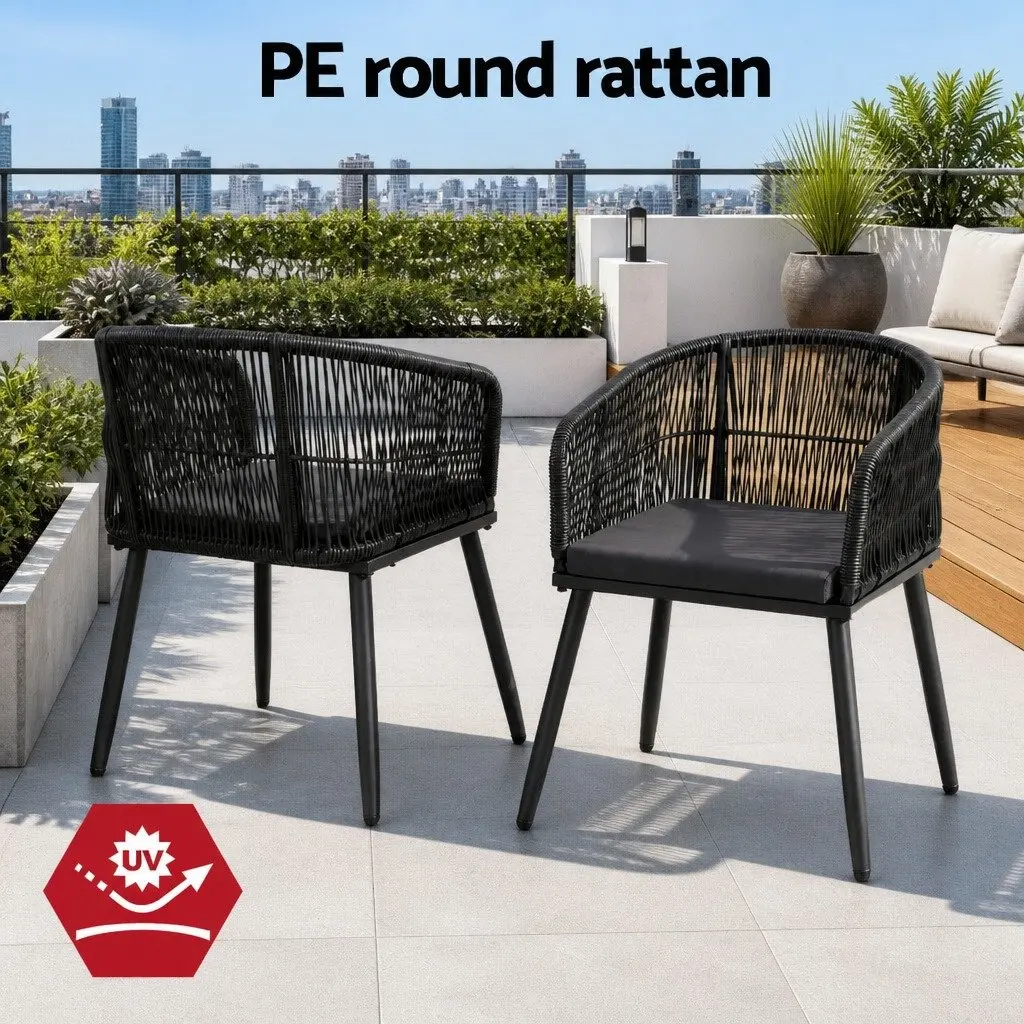 Outdoor Chairs for Patio Garden 2 Piece Black Steel Wicker Armchair