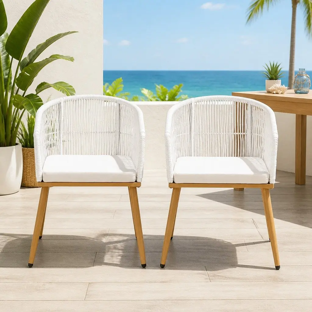 Outdoor Chairs for Patio Garden 2 Piece White Wicker Steel